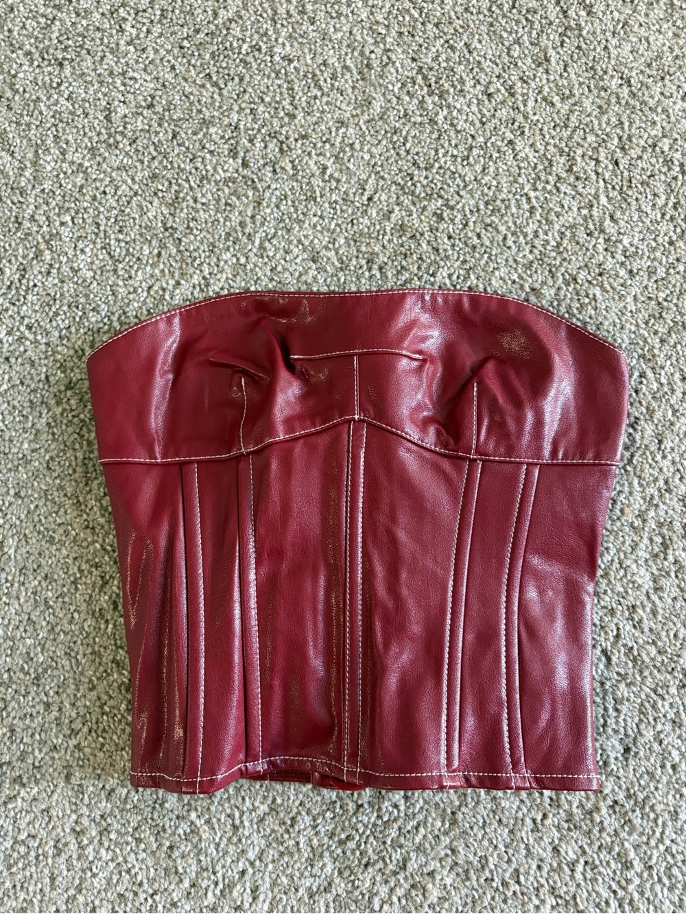 Edikted Strapless Faux Leather Bustier Top in Wine Red